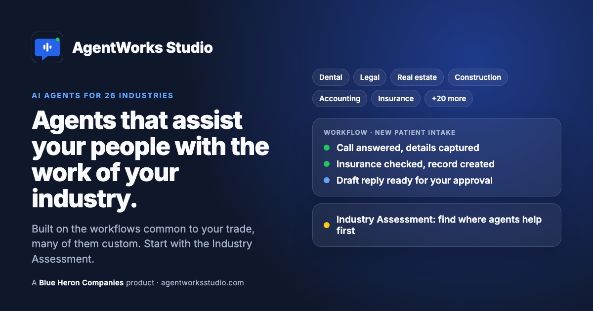 AgentWorks Studio: AI agents for 27 industries running a new-patient intake workflow